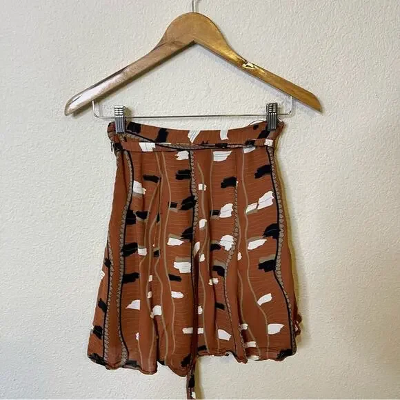 REISS Abigail Tie-Waist Rust Brown Abstract Print A-Line Skirt Tan Womens Size 0 - Picture 8 of 11